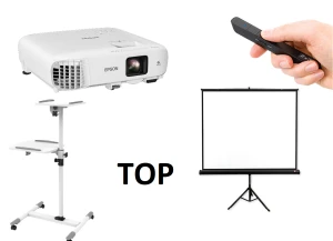Zestaw TOP: Projektor Epson EB-982W + Ekran na statywie Tripod Pro (rozmiar do wyboru) + Stolik pod projektor (2 półki) + pilot do zmiany slajdów