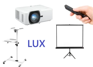 Zestaw LUX: Projektor laserowy ViewSonic LS741HD + Ekran na statywie Tripod Pro (rozmiar do wyboru) + Stolik pod projektor (2 półki) + pilot do zmiany slajdów
